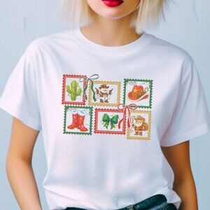 Christmas Western Stamp Graphic Tee Holiday Howdy Cowboy Collage T-Shirt